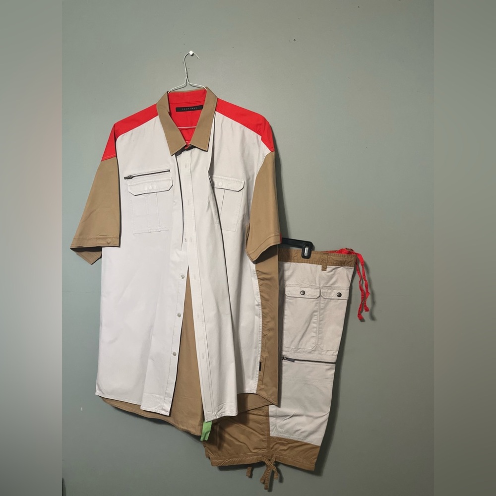 Men's Colorblock Short-Sleeve Shirt in White, Tan & Red